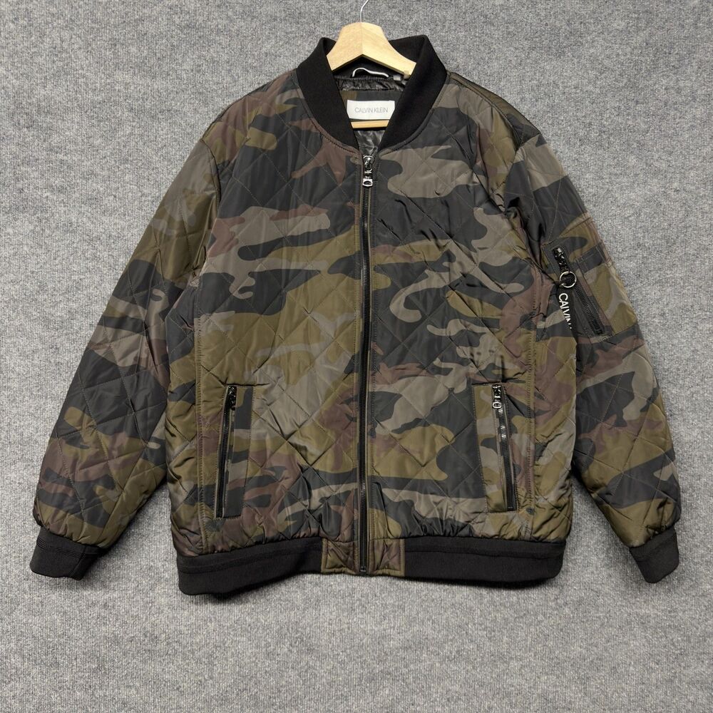 Calvin Klein Quilted Bomber Jacket Mens XL Green Army Camo Insulated Full Zip
